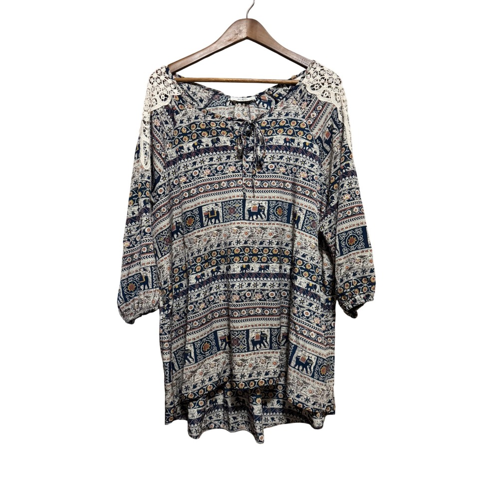 Moa Moa Elephant Border Print Tunic Women‎ 1X Navy Blue Excellent Crochet Lace